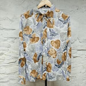 Vtg 70s Disco Bird & Leaf Print Shirt Accent Dagger Spread Collar Hippie Silky